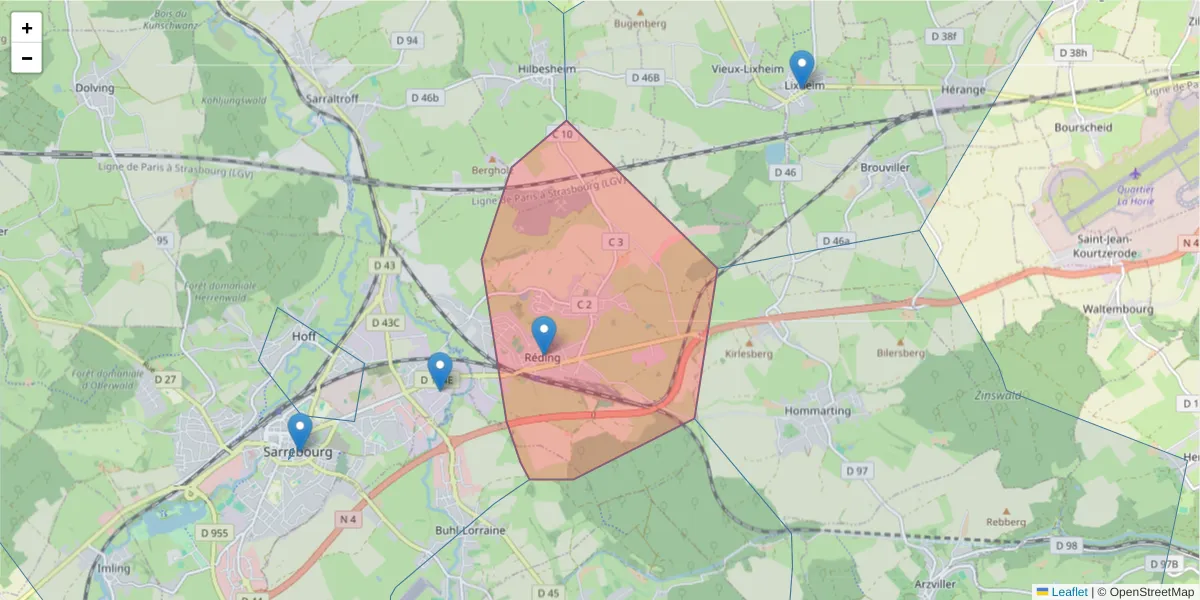 Carte de la zone du code postal  et des codes postaux voisins en France