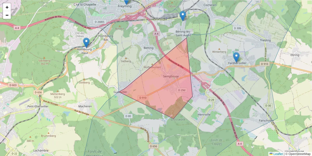 Carte de la zone du code postal  et des codes postaux voisins en France
