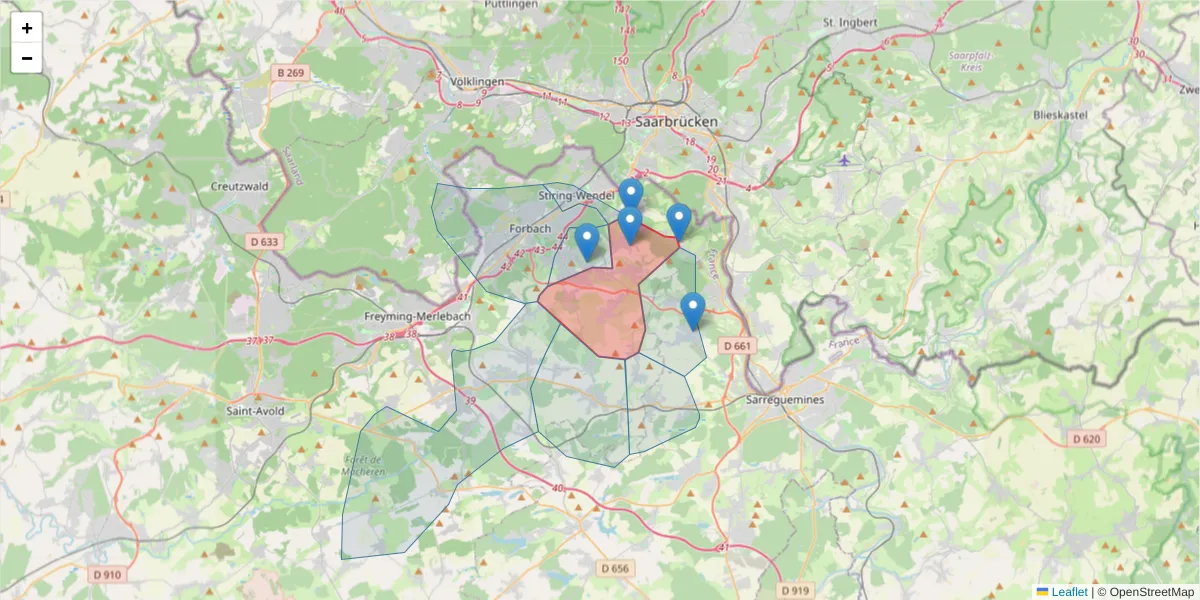 Carte de la zone du code postal  et des codes postaux voisins en France