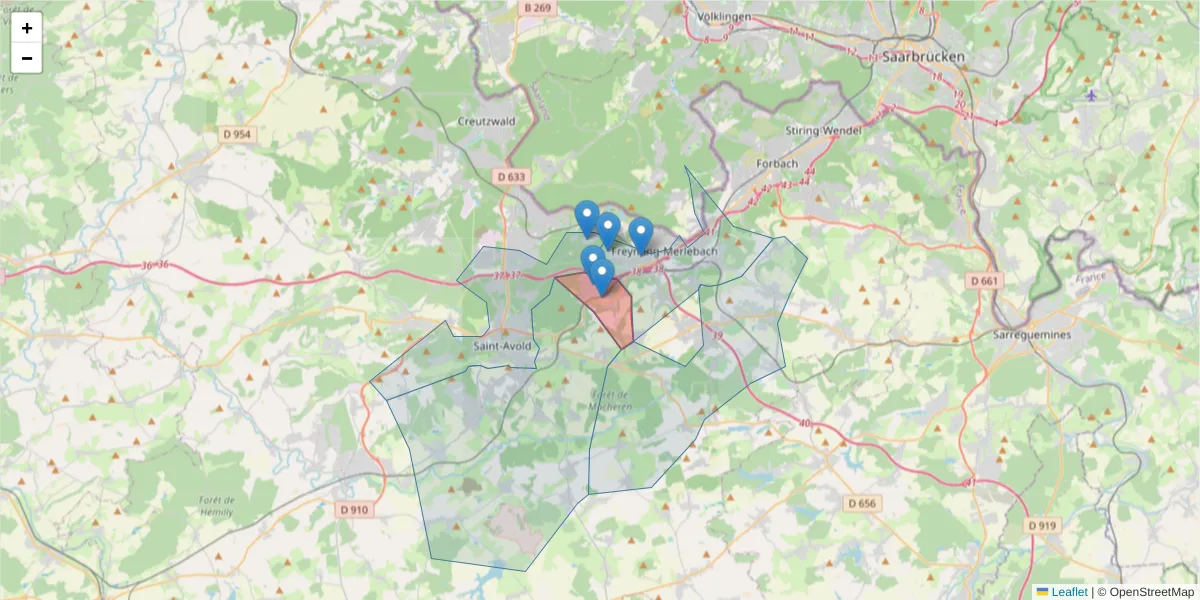 Carte de la zone du code postal  et des codes postaux voisins en France