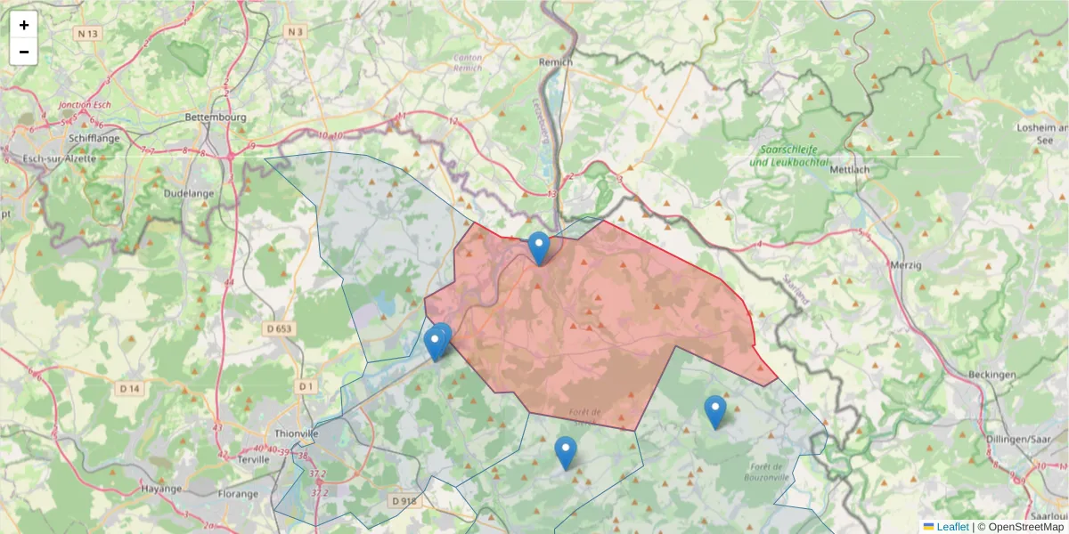 Carte de la zone du code postal  et des codes postaux voisins en France