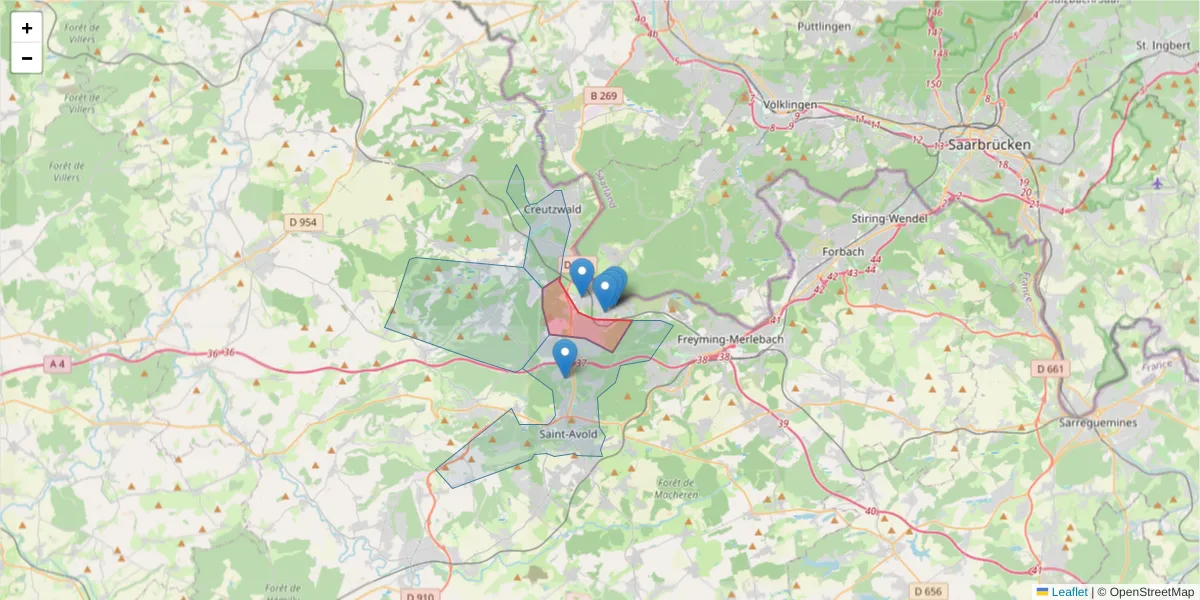 Carte de la zone du code postal  et des codes postaux voisins en France