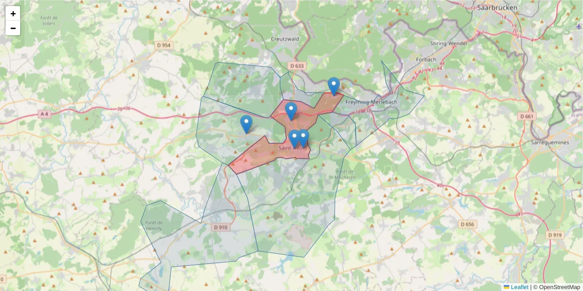 Carte de la zone du code postal  et des codes postaux voisins en France
