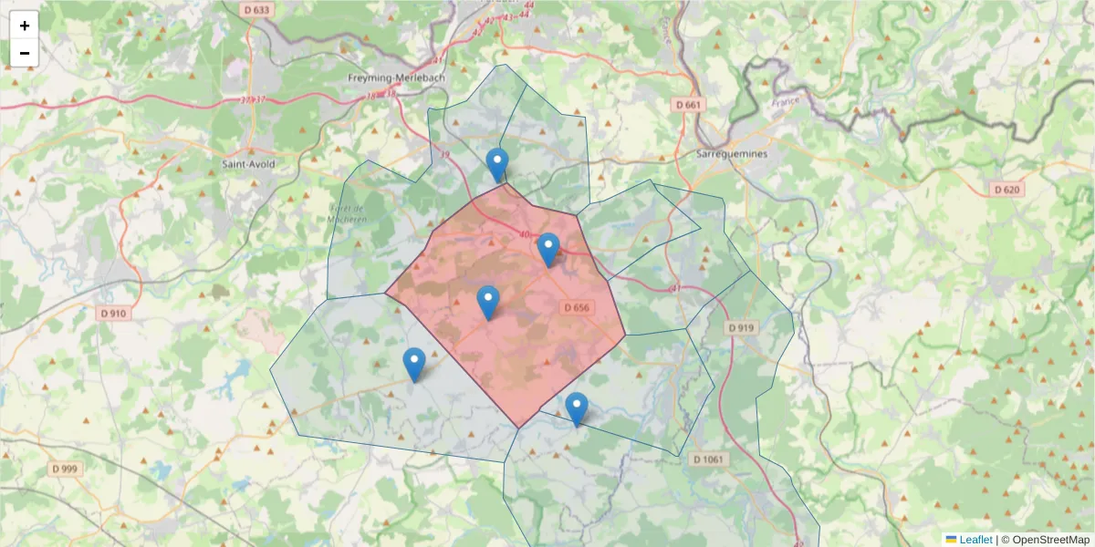 Carte de la zone du code postal  et des codes postaux voisins en France