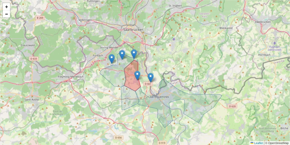 Carte de la zone du code postal  et des codes postaux voisins en France