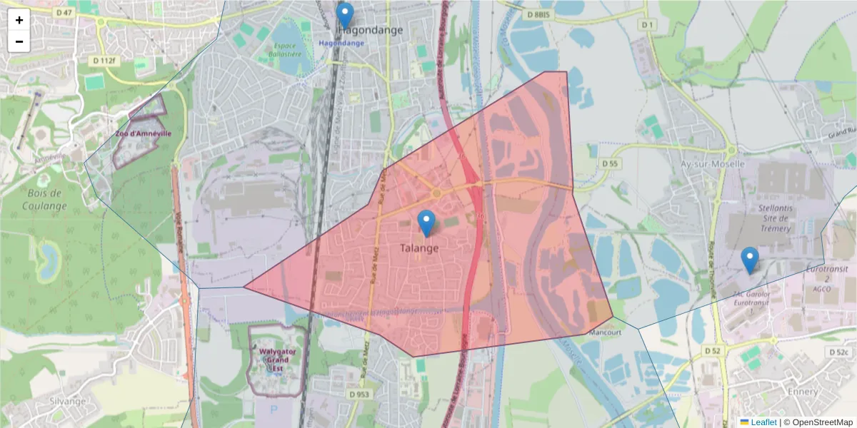Carte de la zone du code postal  et des codes postaux voisins en France