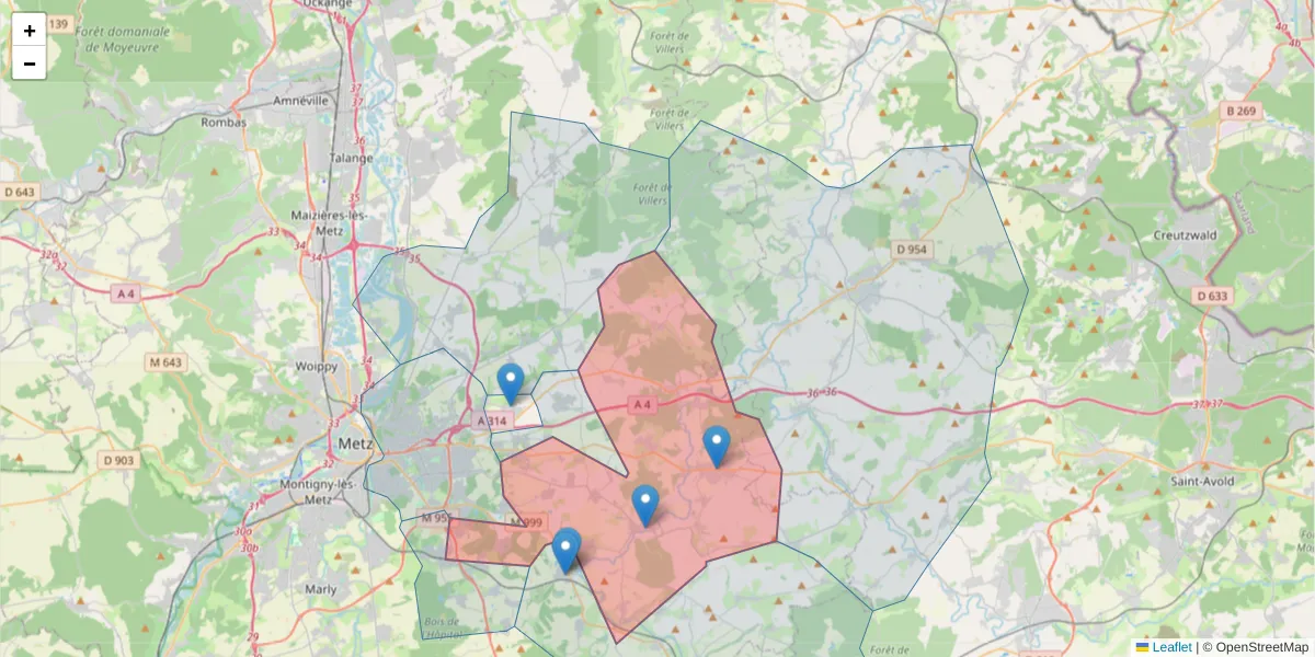 Carte de la zone du code postal  et des codes postaux voisins en France