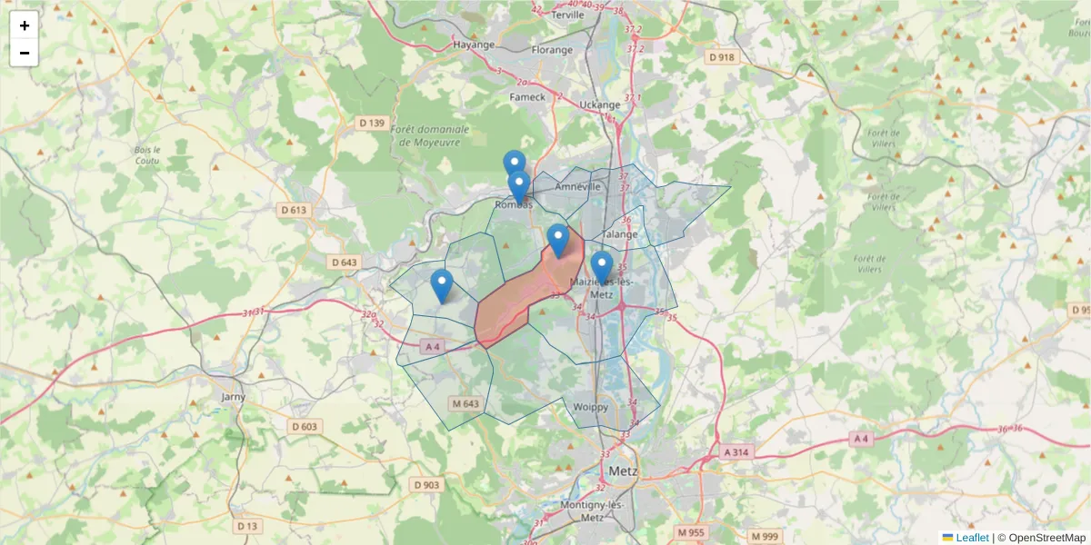 Carte de la zone du code postal  et des codes postaux voisins en France