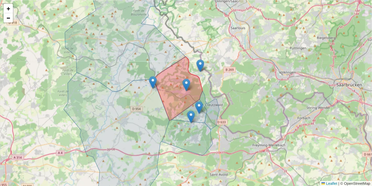 Carte de la zone du code postal  et des codes postaux voisins en France