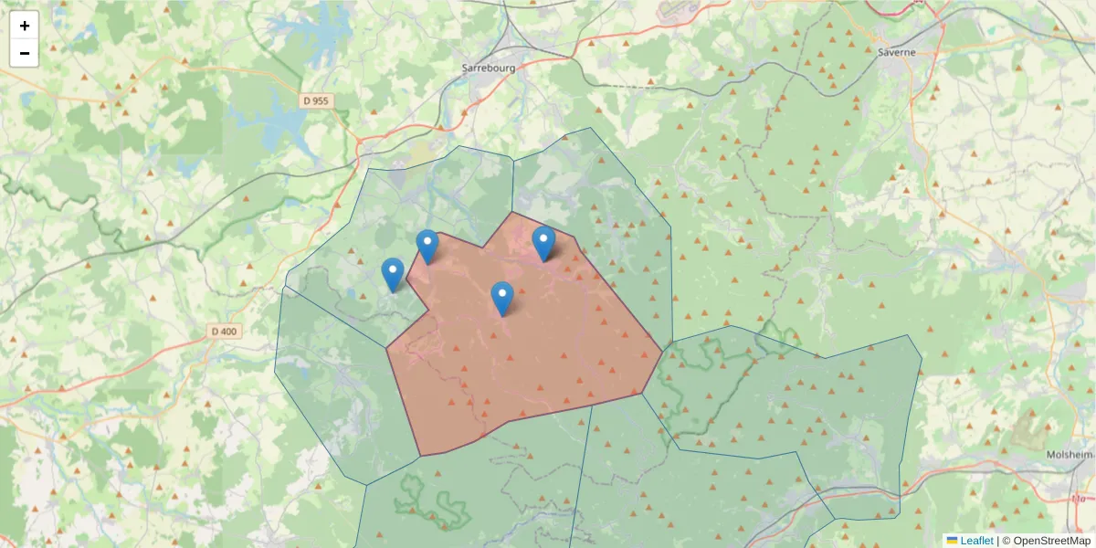 Carte de la zone du code postal  et des codes postaux voisins en France