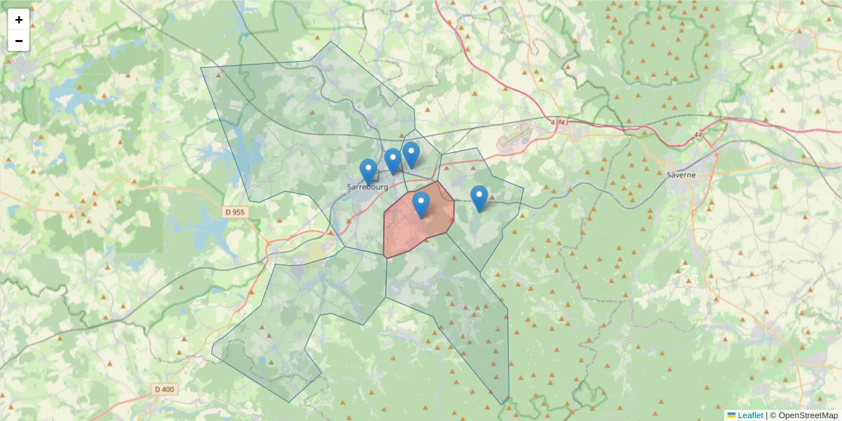 Carte de la zone du code postal  et des codes postaux voisins en France