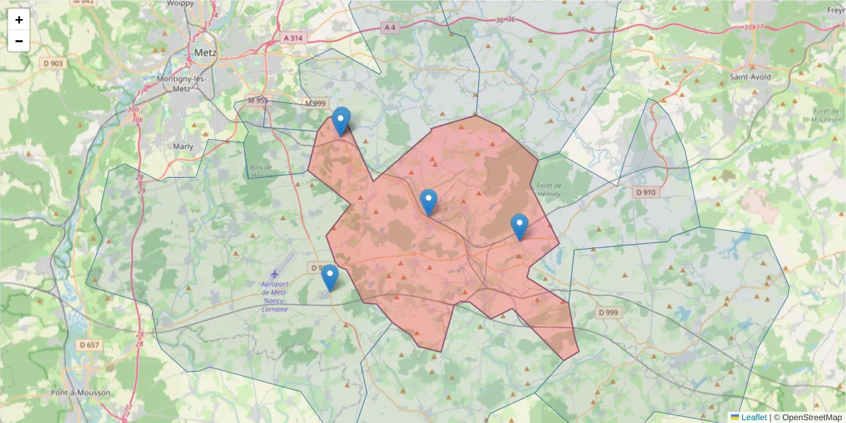 Carte de la zone du code postal  et des codes postaux voisins en France