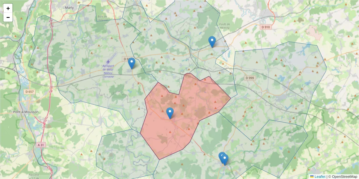 Carte de la zone du code postal  et des codes postaux voisins en France