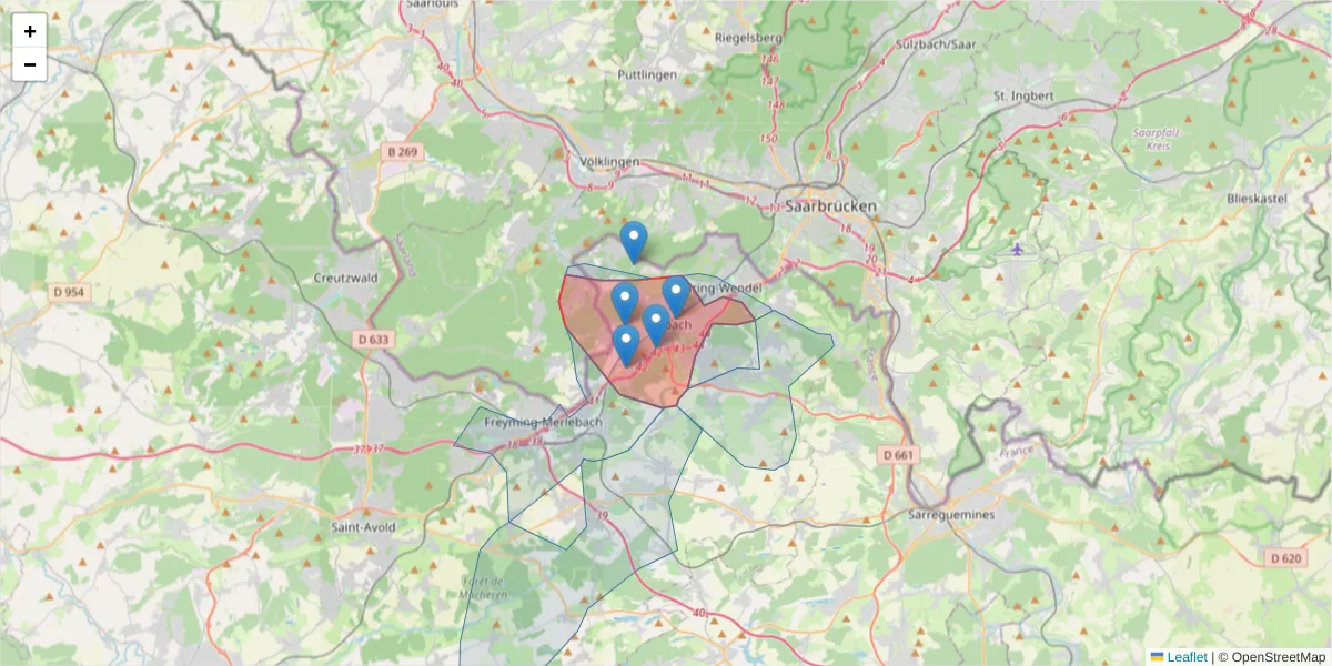 Carte de la zone du code postal  et des codes postaux voisins en France