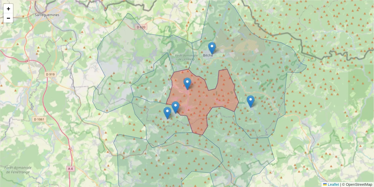 Carte de la zone du code postal  et des codes postaux voisins en France