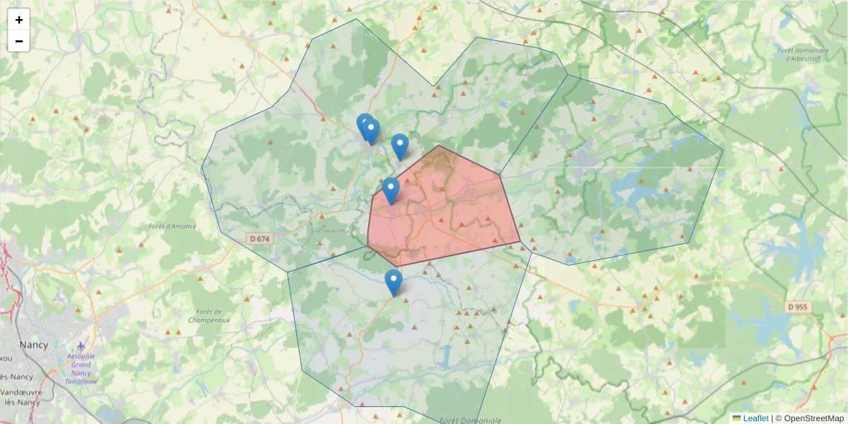Carte de la zone du code postal  et des codes postaux voisins en France