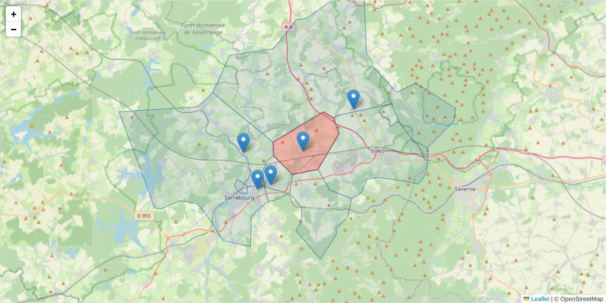 Carte de la zone du code postal  et des codes postaux voisins en France