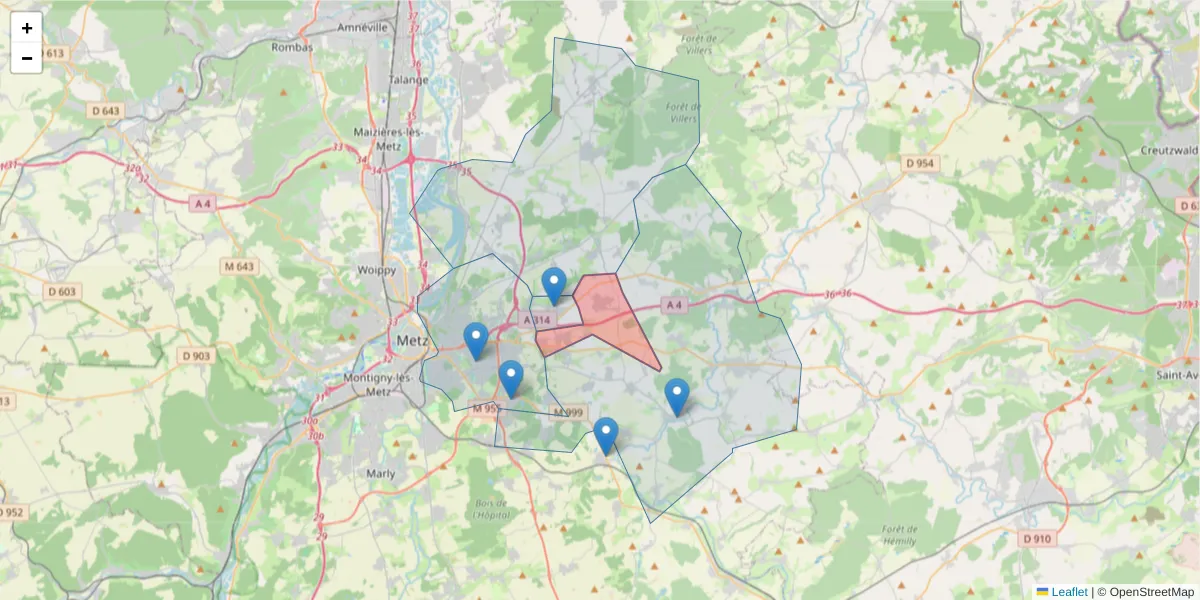 Carte de la zone du code postal  et des codes postaux voisins en France