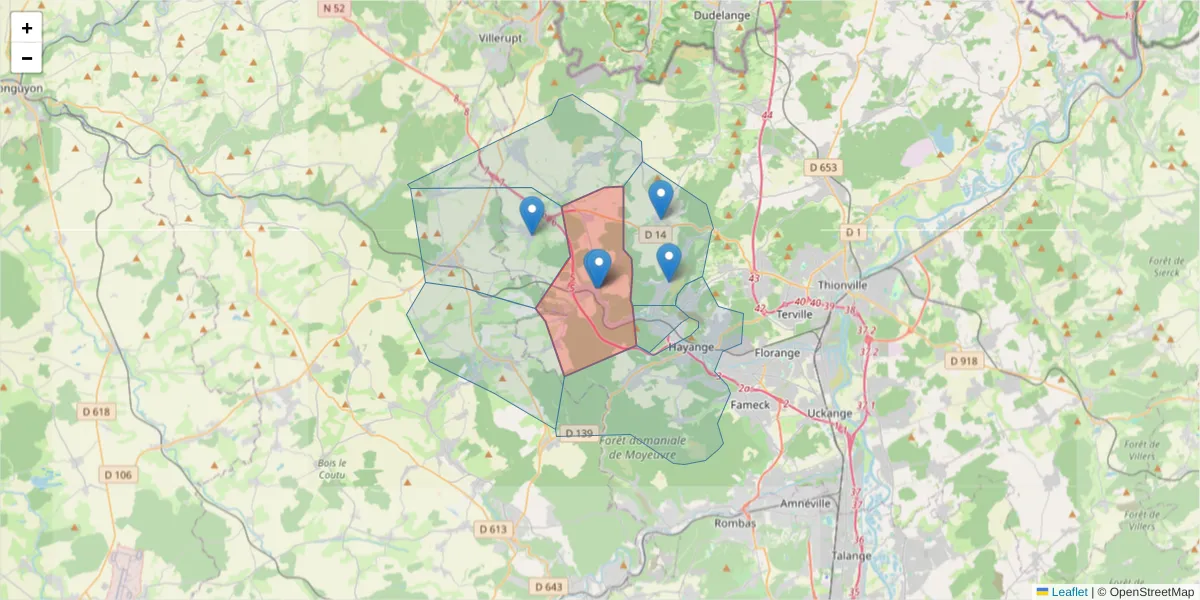 Carte de la zone du code postal  et des codes postaux voisins en France