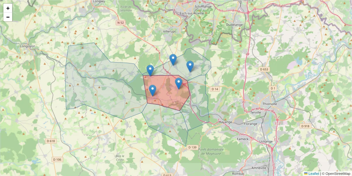 Carte de la zone du code postal  et des codes postaux voisins en France