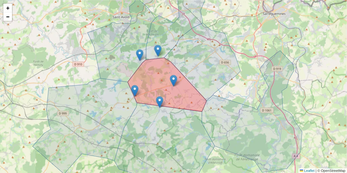 Carte de la zone du code postal  et des codes postaux voisins en France