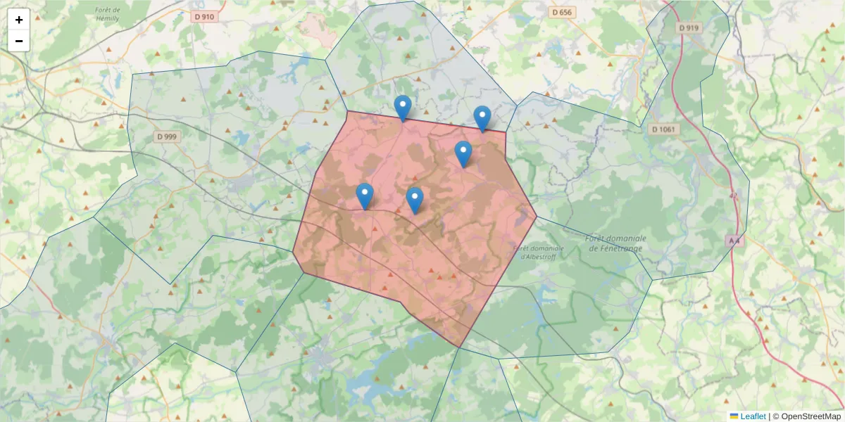 Carte de la zone du code postal  et des codes postaux voisins en France