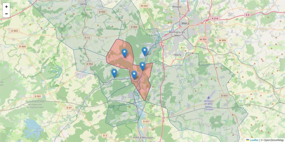 Carte de la zone du code postal  et des codes postaux voisins en France