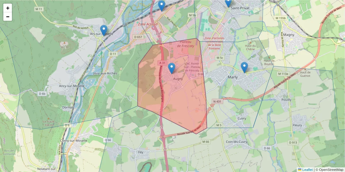 Carte de la zone du code postal  et des codes postaux voisins en France