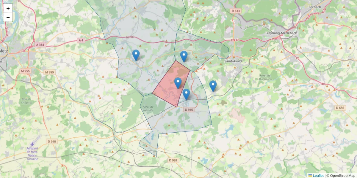 Carte de la zone du code postal  et des codes postaux voisins en France