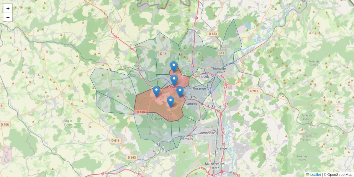 Carte de la zone du code postal  et des codes postaux voisins en France