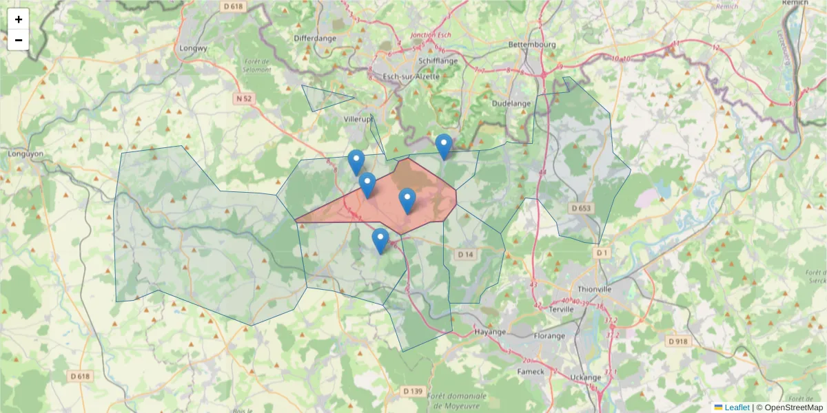 Carte de la zone du code postal  et des codes postaux voisins en France