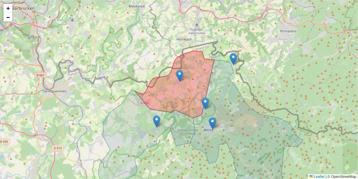 Carte de la zone du code postal  et des codes postaux voisins en France