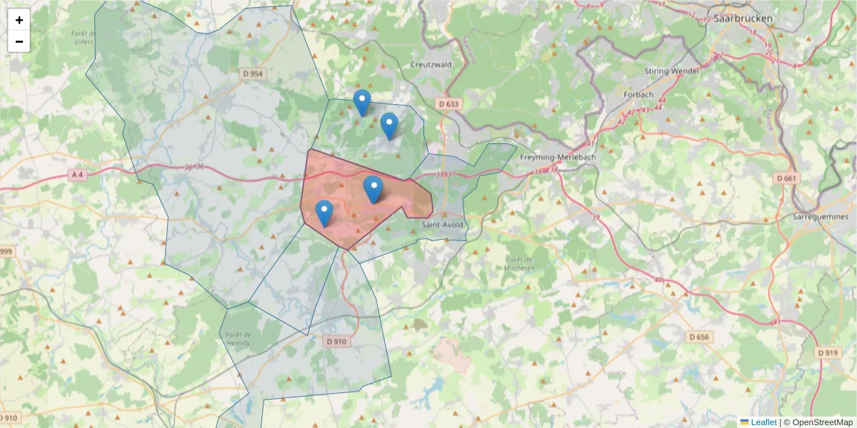 Carte de la zone du code postal  et des codes postaux voisins en France