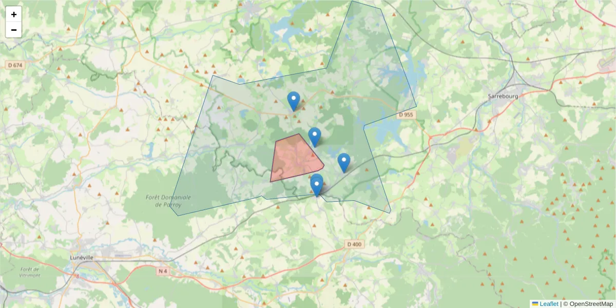 Carte de la zone du code postal  et des codes postaux voisins en France