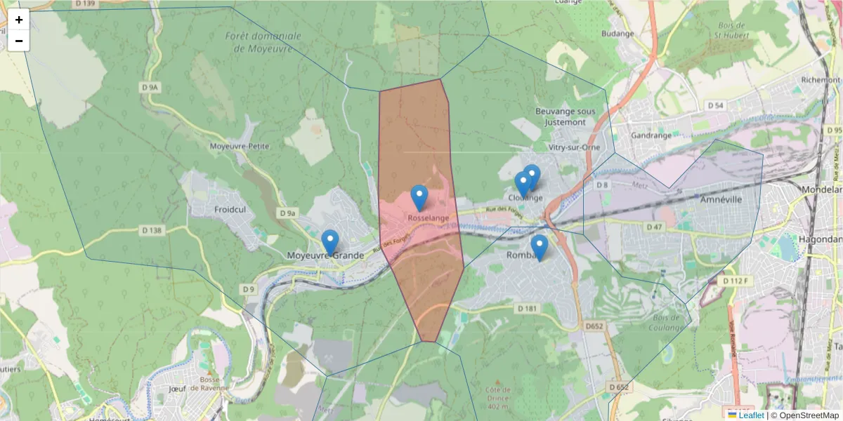Carte de la zone du code postal  et des codes postaux voisins en France