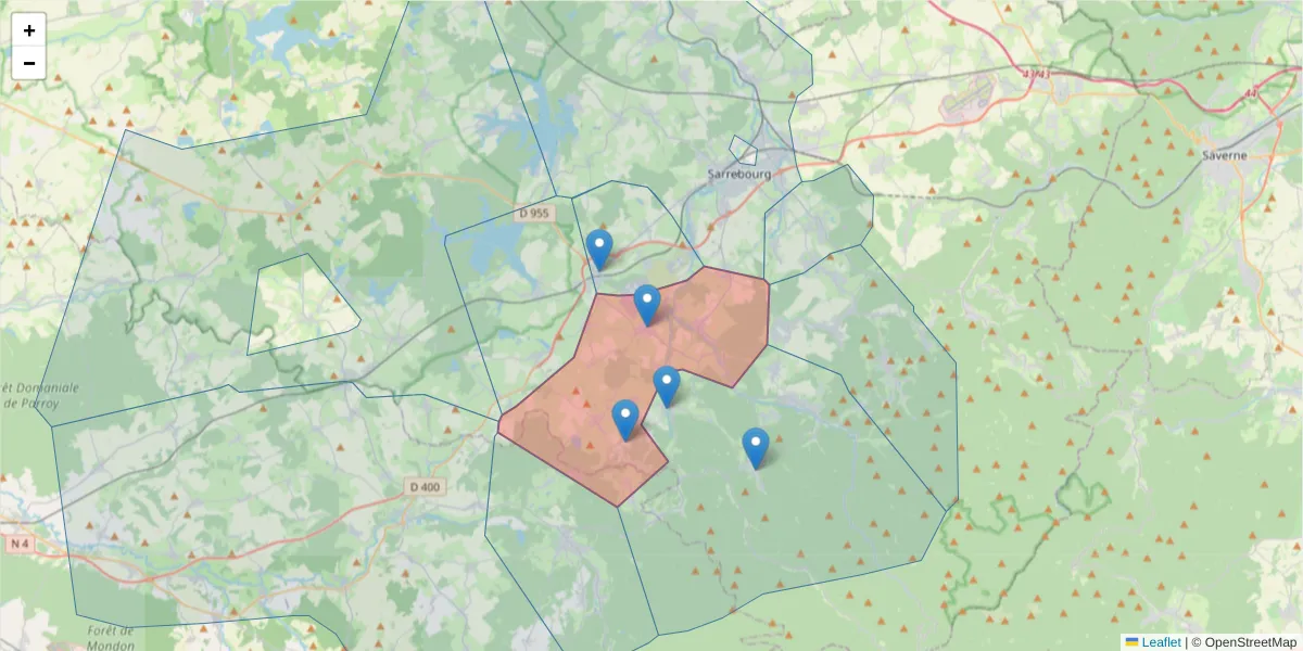 Carte de la zone du code postal  et des codes postaux voisins en France