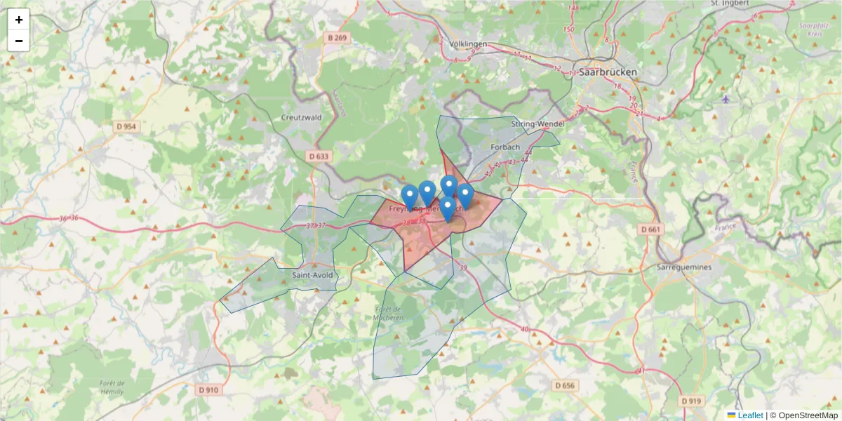 Carte de la zone du code postal  et des codes postaux voisins en France