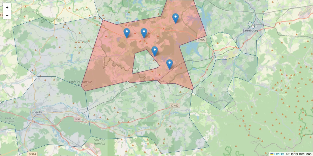 Carte de la zone du code postal  et des codes postaux voisins en France