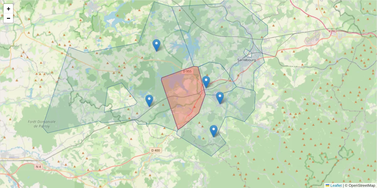 Carte de la zone du code postal  et des codes postaux voisins en France