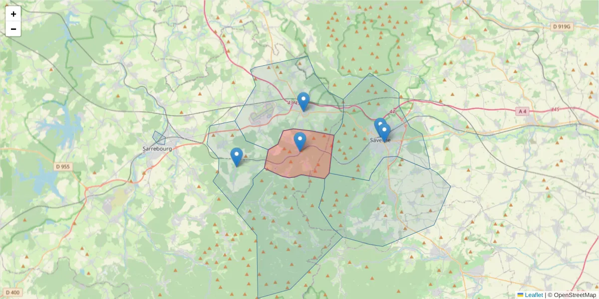 Carte de la zone du code postal  et des codes postaux voisins en France
