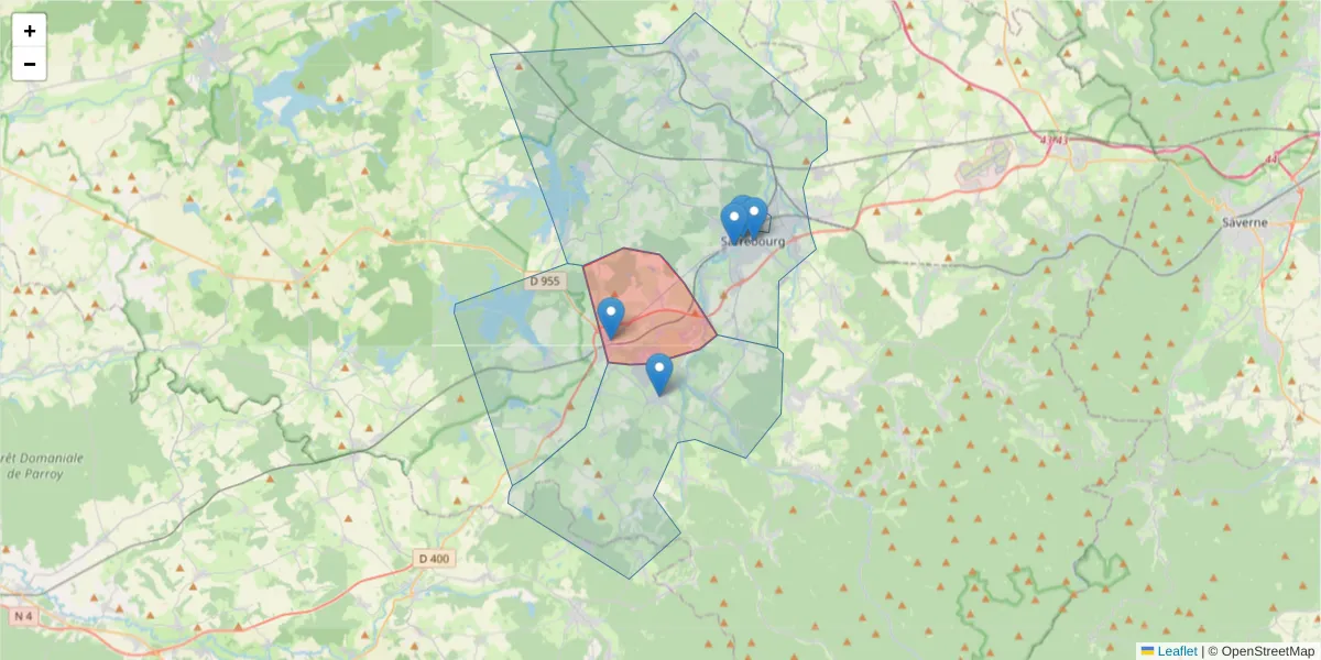 Carte de la zone du code postal  et des codes postaux voisins en France