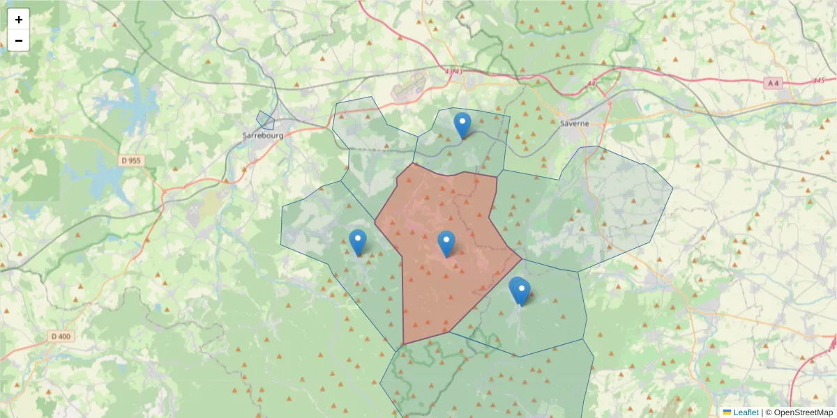 Carte de la zone du code postal  et des codes postaux voisins en France