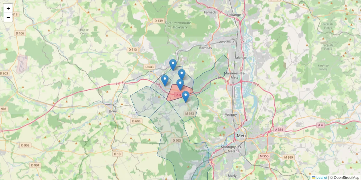 Carte de la zone du code postal  et des codes postaux voisins en France