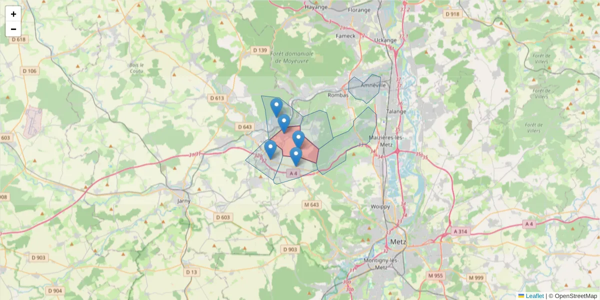 Carte de la zone du code postal  et des codes postaux voisins en France