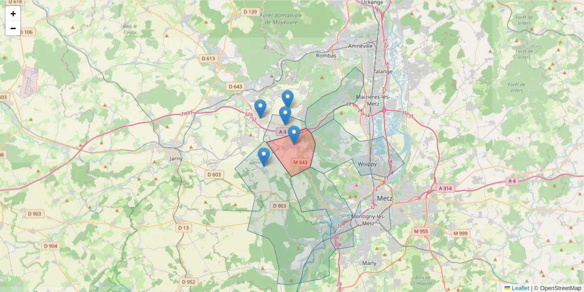 Carte de la zone du code postal  et des codes postaux voisins en France