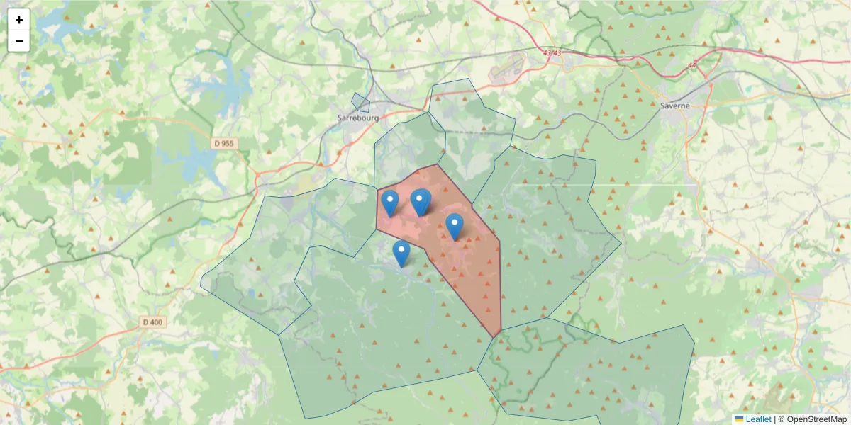 Carte de la zone du code postal  et des codes postaux voisins en France