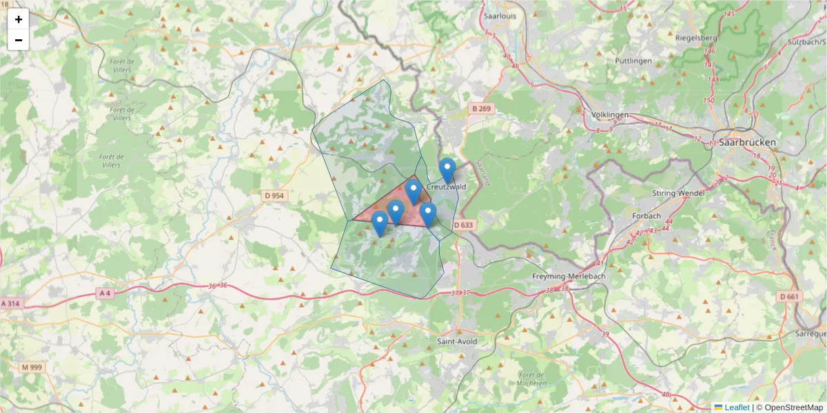 Carte de la zone du code postal  et des codes postaux voisins en France