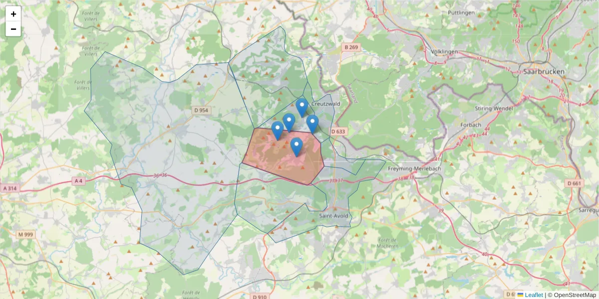 Carte de la zone du code postal  et des codes postaux voisins en France