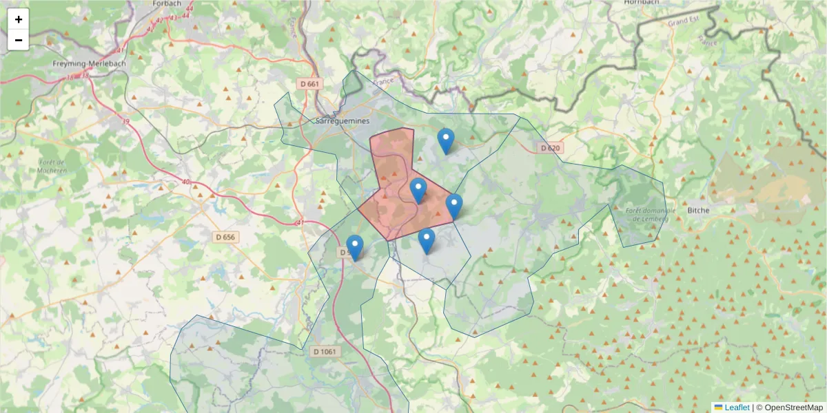 Carte de la zone du code postal  et des codes postaux voisins en France