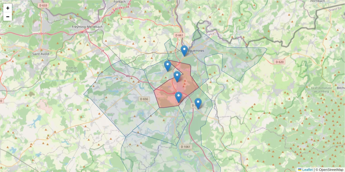 Carte de la zone du code postal  et des codes postaux voisins en France